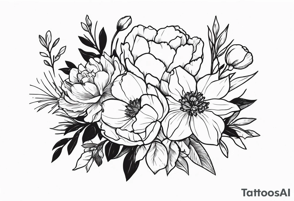 flower bouquet with a peony, larkspur, rose, and daffodil tied with a bow tattoo idea