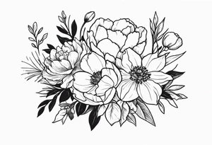 flower bouquet with a peony, larkspur, rose, and daffodil tied with a bow tattoo idea