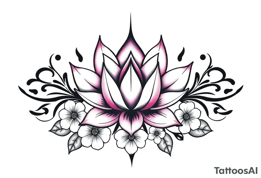 Lotus flower surrounded by forget me nots and peonies tattoo idea