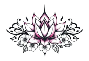Lotus flower surrounded by forget me nots and peonies tattoo idea