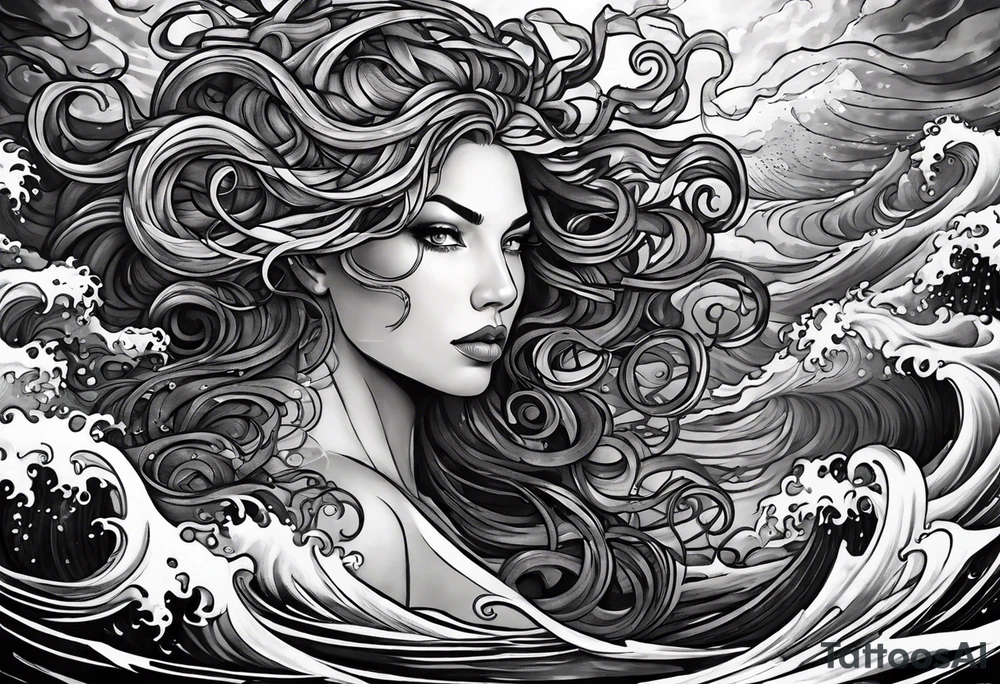stormy sea waves, a woman in the middle of a storm, Medusa the Gorgon tattoo idea