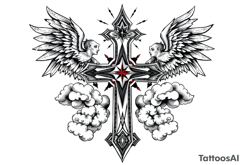 cast all your anxiety on him because he cares for you" with angels and clouds,cross tattoo idea