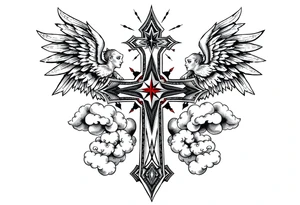 cast all your anxiety on him because he cares for you" with angels and clouds,cross tattoo idea
