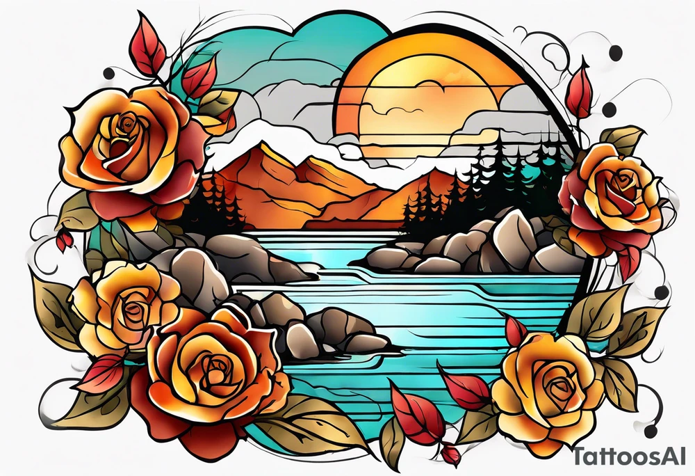 thigh tattoo in fall colors, showing, li, water flow, rocks, sky, clouds, leaves, roses tattoo idea