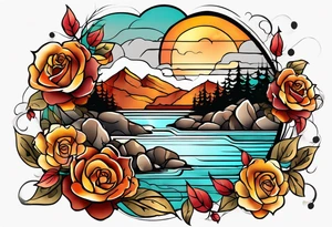thigh tattoo in fall colors, showing, li, water flow, rocks, sky, clouds, leaves, roses tattoo idea