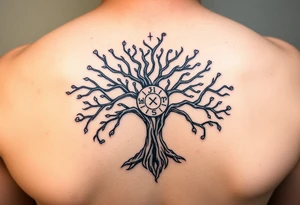 yggadrisl tree of life with circle of runes names Jai, Phoebe, Imogen, Matilda on four branches tattoo idea