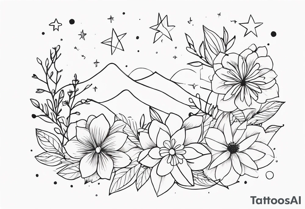 fine line with stars, floral, dots tattoo idea
