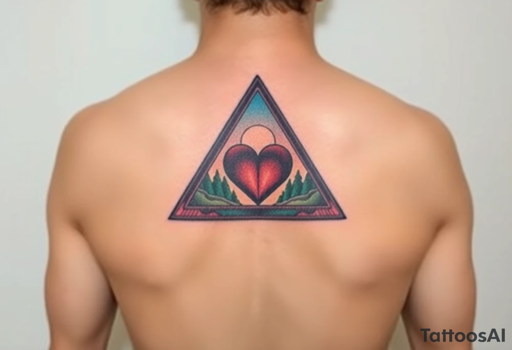 A triangle with a heart over the middle of the center and nature scene in background tattoo idea