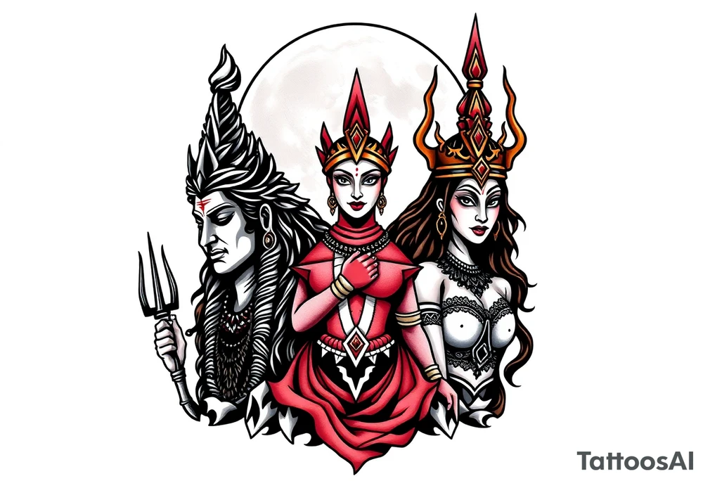 Lord Shiva, Godess Kali, Godess Lilith Together with the moon in the background tattoo idea