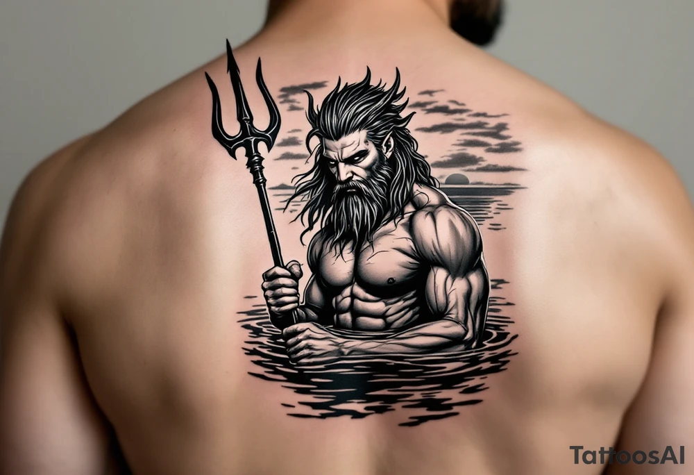 young, fit poseidon in calm water, behind a trident, holding a beer, with sunset tattoo idea