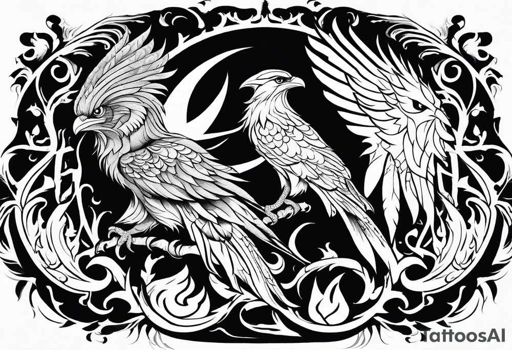 Phoenix with Raven and Tiger on left side and deer and owl on right tattoo idea