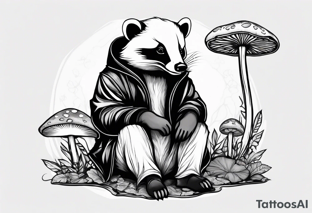 Badger in a coat sitting on a mushroom tattoo idea
