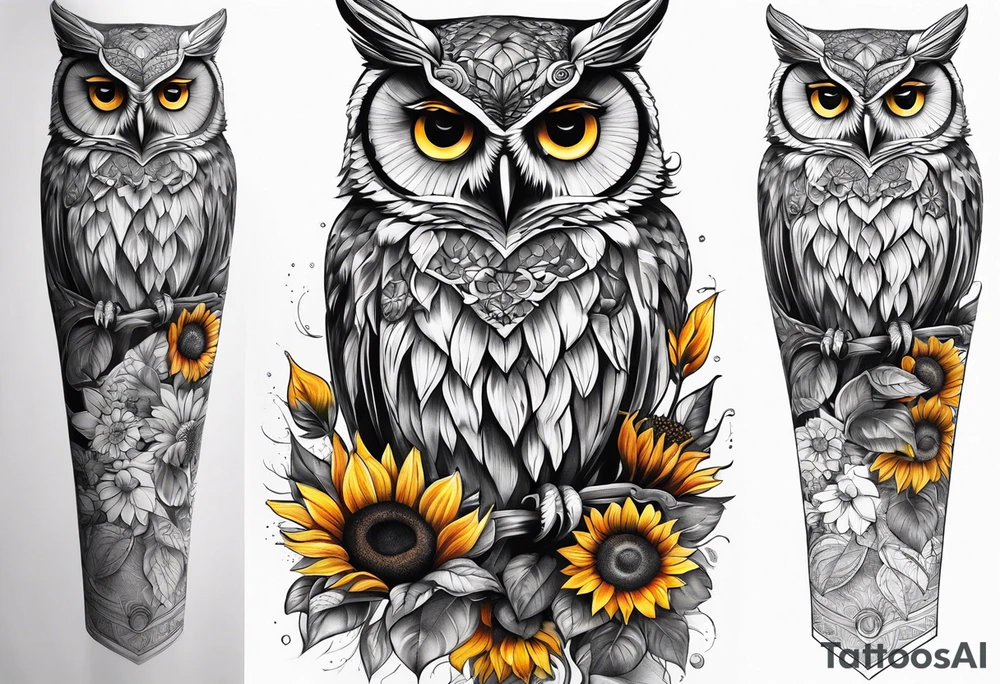 Leg sleeve with colorful sunflowers and an owl tattoo idea