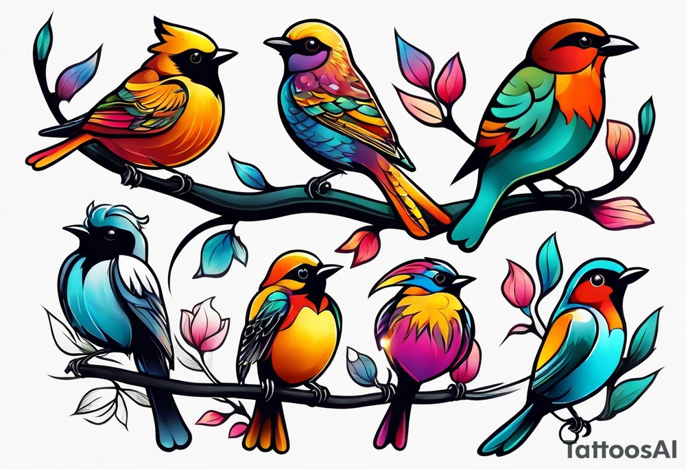 Seven small, colorful birds tattoo idea