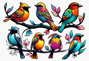 Seven small, colorful birds tattoo idea