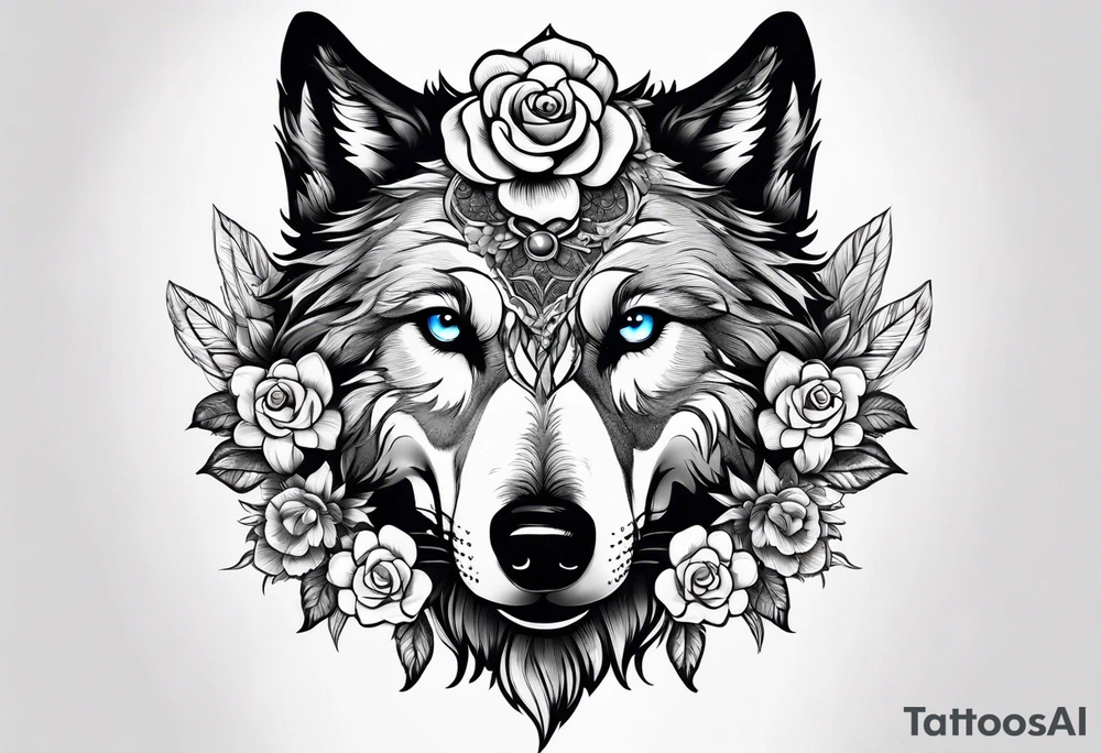 Wolf head half skull half real with flowers around tattoo idea Wolf head half skull half real with flowers around tattoo idea