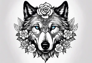 Wolf head half skull half real with flowers around tattoo idea