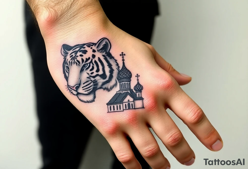 Realistic tiger face on the back of the hand with strong contrast and fine detail. Forearm features a highly detailed Russian Orthodox cathedral with onion domes and crosses, done in fine line, engraving-like style. Cohesive composition, black ink only, no color, high contrast, slightly aged, documentary-style, plain light background. tattoo idea