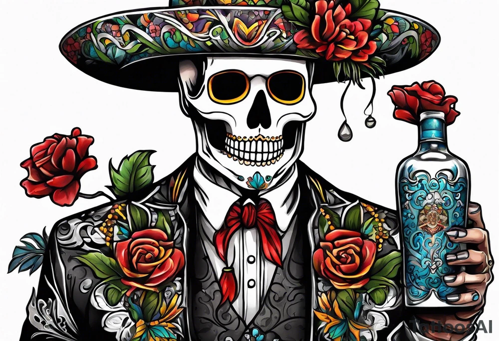 Mexico day of dead  man standing
 skeleton drink tattoo idea