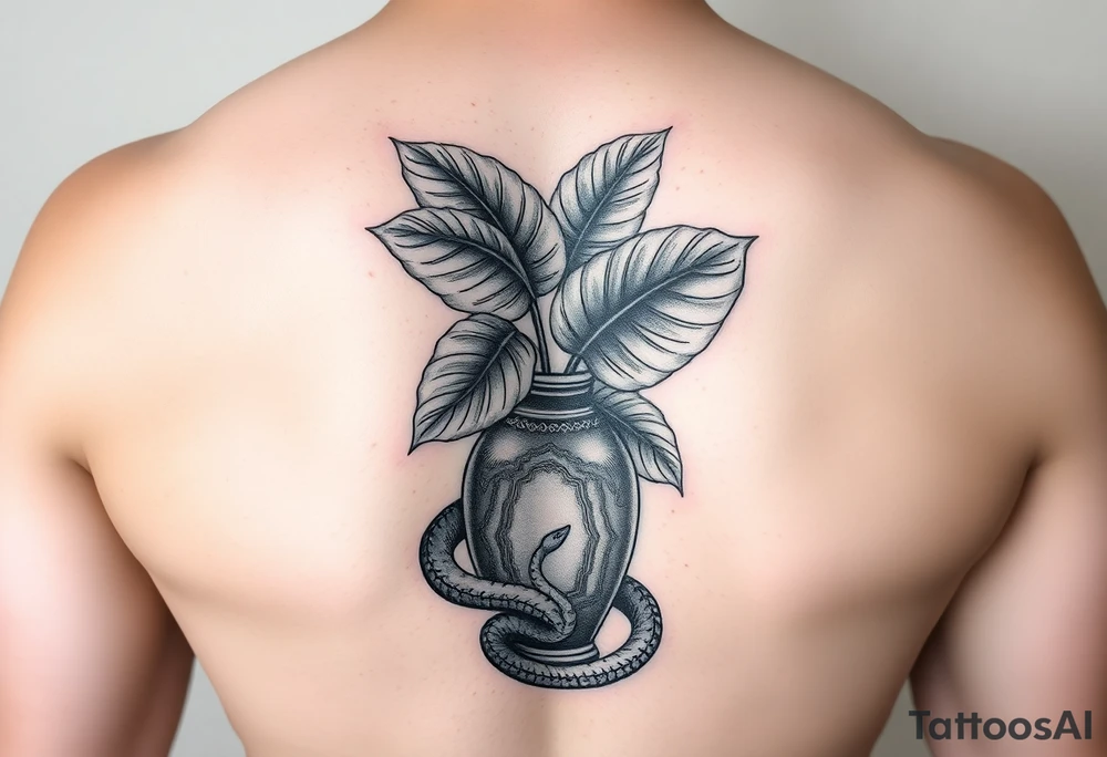 Large Decorative vase with large monstera leaves and a snake wraped around tattoo idea