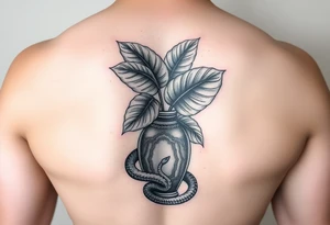 Large Decorative vase with large monstera leaves and a snake wraped around tattoo idea