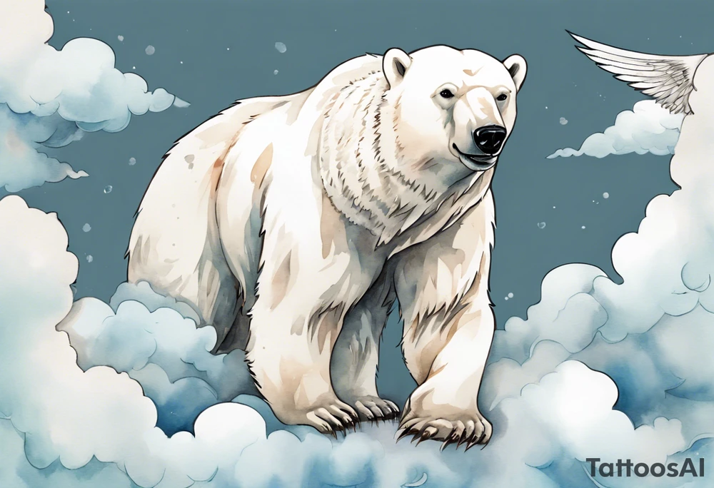 a polar bear with wings, standing on clouds, a gust of wind coming from its mouth tattoo idea