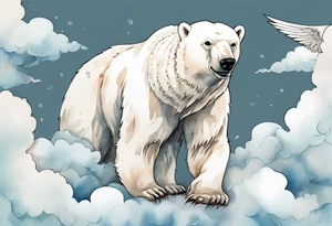 a polar bear with wings, standing on clouds, a gust of wind coming from its mouth tattoo idea