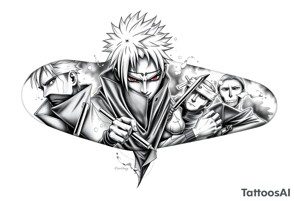 Full Naruto anime tattoo in black and grey realism, designed for the entire arm. Featuring Kakashi Hatake, Itachi Uchiha, and Pain, with detailed portraits and dramatic poses. Sharp shading, bold linework, and high contrast with smoky shadows for depth. Integrate multiple panels flowing seamlessly together, with each character framed by abstract effects like chakra energy, smoke, and broken stone textures. Masculine, dynamic, and intense style with strong highlights and shadows.” tattoo idea