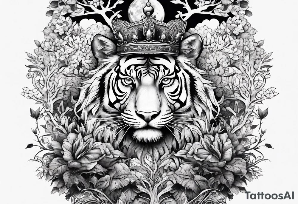 Tree of life with a tiger and a crown tattoo idea