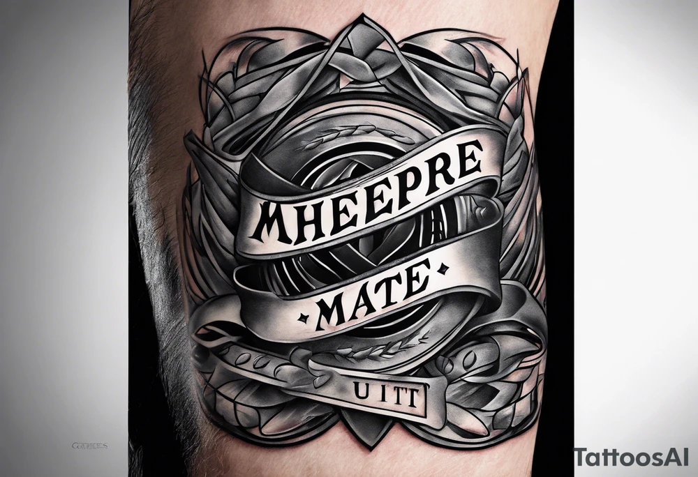 "Cheers Mate" text black and grey ink armband +abstract +grey Cancer Ribbon tattoo idea