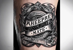 "Cheers Mate" text black and grey ink armband +abstract +grey Cancer Ribbon tattoo idea