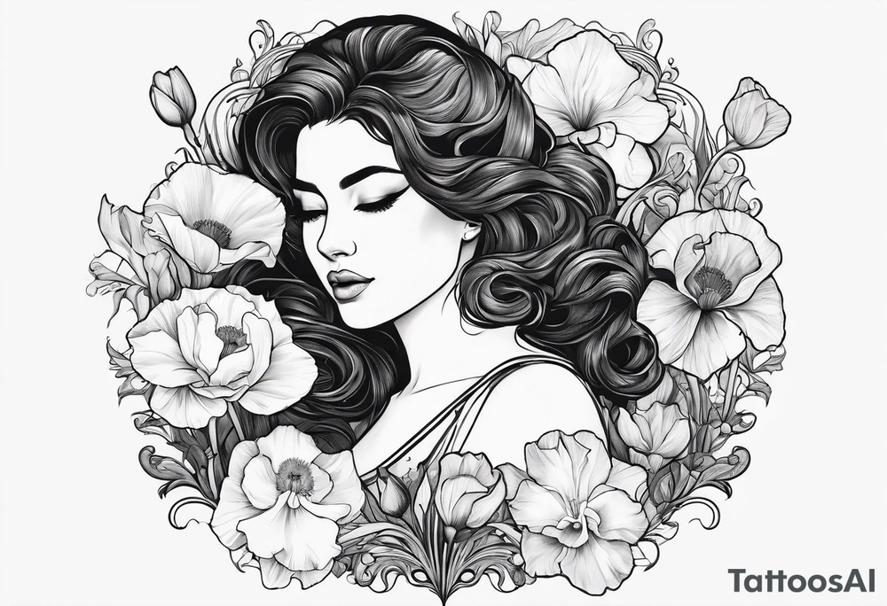 One carnation
One snow drop
One iris
One poppy
One cosmo
One narcissus
Surrounding the silohette of a woman tattoo idea