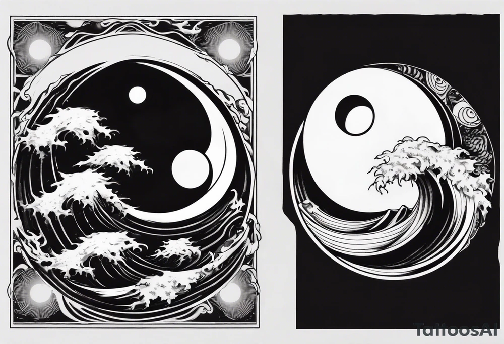 yin yang with sun and moon over ocean wave and mountains tattoo idea