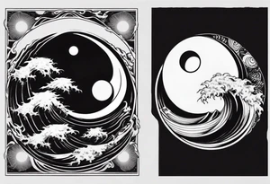 yin yang with sun and moon over ocean wave and mountains tattoo idea