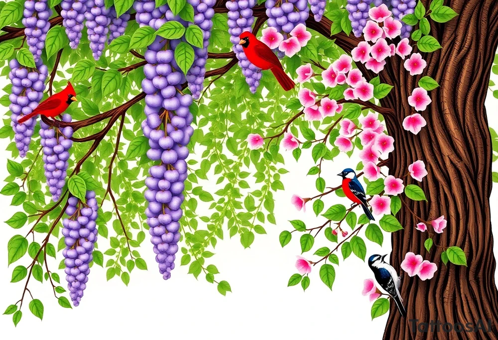The American wisteria tree gracefully drapes its cascading clusters of soft lavender flowers, twisting around sturdy branches with delicate, vine-like tendrils, while its lush green foliage creates a dreamy, whimsical canopy. Nearby, an Eastern redbud bursts with vibrant pink blossoms, its heart-shaped leaves beginning to unfurl, adding a striking contrast against the deep, twisting bark of its slender trunk. Among the branches, a brilliant red cardinal perches proudly, an indigo bunting glows in a dazzling shade of blue against the floral backdrop, and a downy woodpecker clings to the textured bark, its black-and-white feathers speckled with hints of red as it pecks gently, completing the tranquil and picturesque woodland scene. tattoo idea