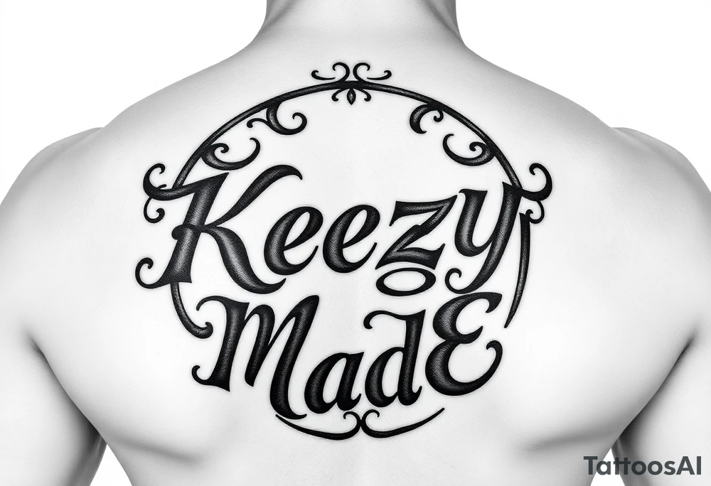 letters only fancy but rugged twisted and intertwined circular arched curvy lettering in a circular  forum that would be clothing brand style that says (KeezY MadE) almost like the the roca wear symbol clothing brand tattoo idea