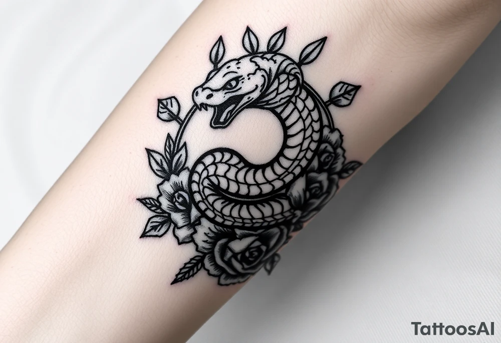 powerful majestic snake wrapped around rose ornaments tattoo idea