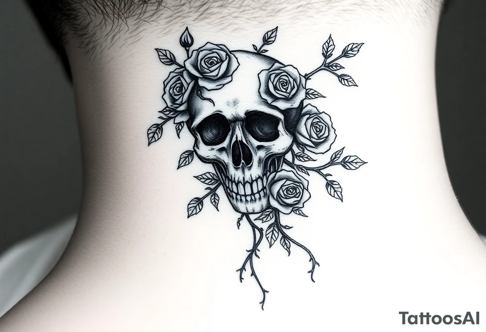 gothic skull intertwined with climbing roses and thorny vines tattoo idea