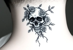 gothic skull intertwined with climbing roses and thorny vines tattoo idea