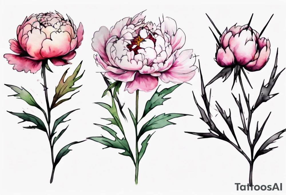 a watercolor peonies that is bleeding with thorns, simple, tall, one line tattoo idea