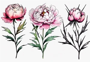 a watercolor peonies that is bleeding with thorns, simple, tall, one line tattoo idea