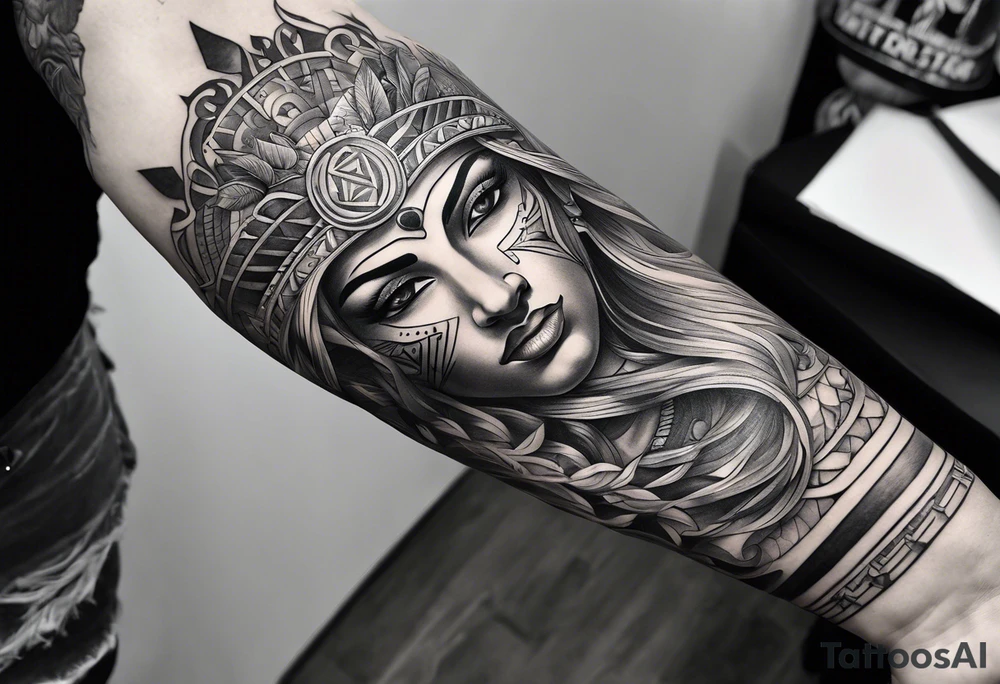 Arm sleeve. Mixed gods including. 
Greek gods & Egyptian gods & norse gods tattoo idea