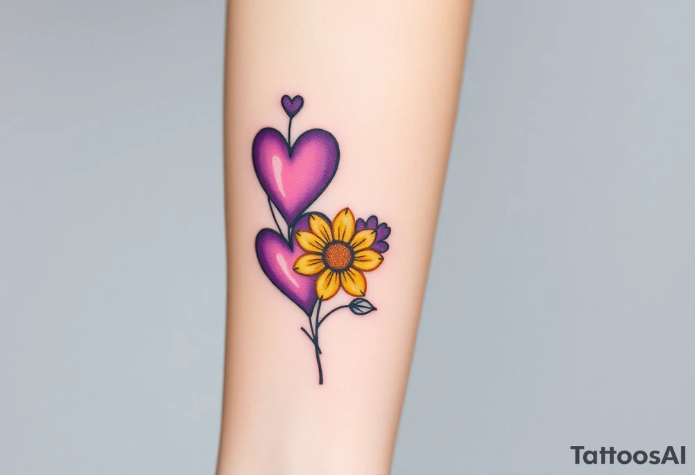 simple with Purple Hearts with yellow daisy. tattoo idea