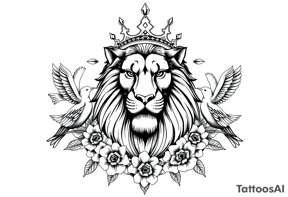 powerful majestic lion with a crown, surrounded by floral ornaments and birds tattoo idea