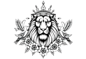 powerful majestic lion with a crown, surrounded by floral ornaments and birds tattoo idea