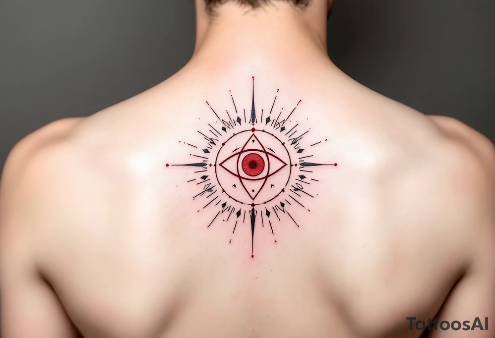A minimalist Kolovrat symbol in deep crimson ink, centered between the eyebrows like a spiritual third eye, with thin black ornamental lines radiating outward across the forehead like sunbeams. tattoo idea