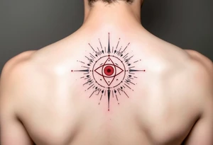 A minimalist Kolovrat symbol in deep crimson ink, centered between the eyebrows like a spiritual third eye, with thin black ornamental lines radiating outward across the forehead like sunbeams. tattoo idea