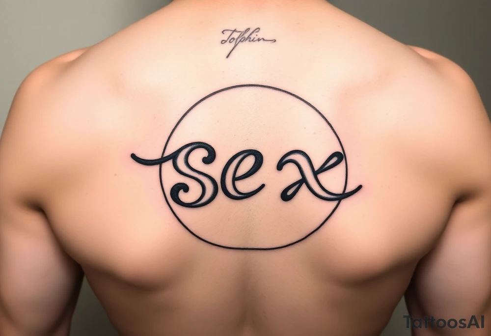The word dolphin and the word sex written in cartoon writing in the shape of a circle tattoo idea