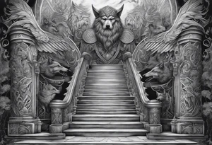 a staircase to valhalla with a big face of  the god Odin as a human at its end. On the side of the stair is a pack ow wolves. Also add in a a pair of doves and two ravens tattoo idea