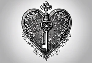 heart shaped skeleton key that looks antique and is made of metal. must have the year 2016 on the front. in the key design include antique scrolling. tattoo idea